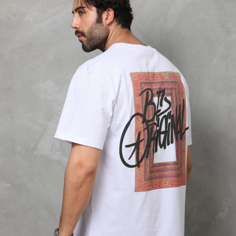 Bisiklet Yaka Baskılı Oversize T-Shirt - Beyaz -