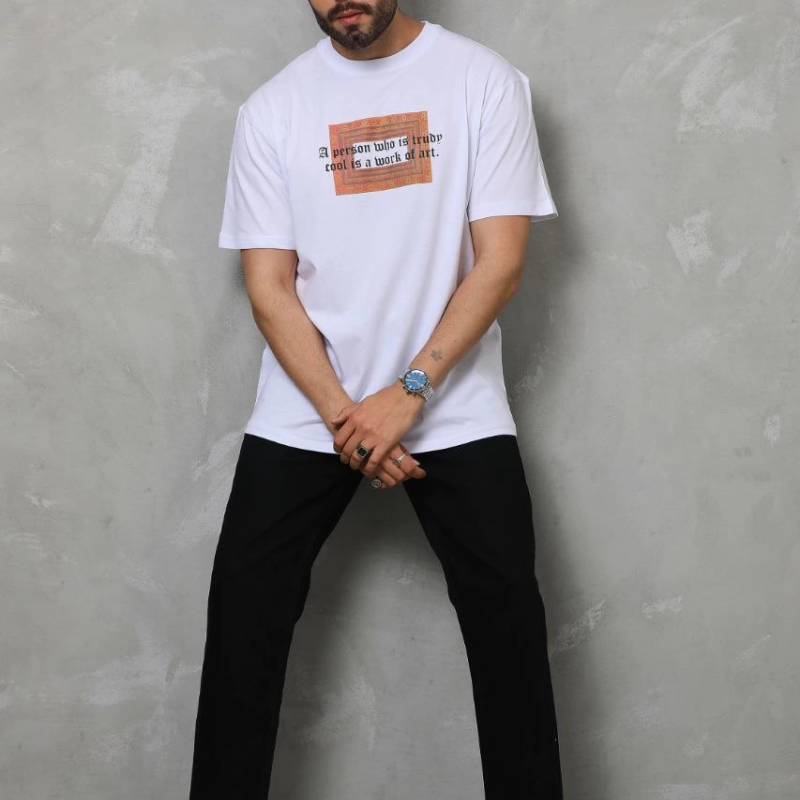 Bisiklet Yaka Baskılı Oversize T-Shirt - Beyaz -