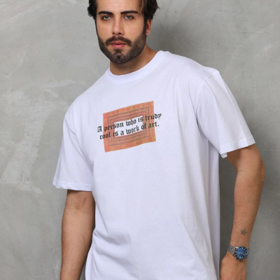 Bisiklet Yaka Baskılı Oversize T-Shirt - Beyaz -