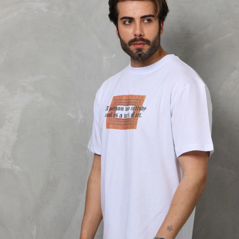 Bisiklet Yaka Baskılı Oversize T-Shirt - Beyaz -