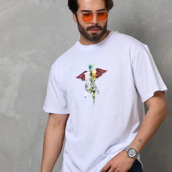 Bisiklet Yaka Baskılı Oversize T-Shirt - Beyaz -