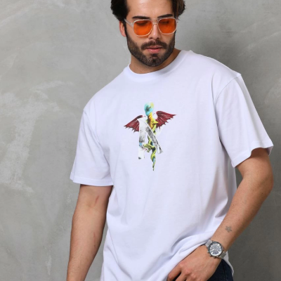 Bisiklet Yaka Baskılı Oversize T-Shirt - Beyaz -