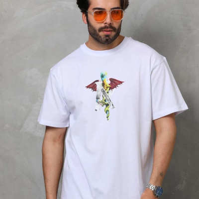 Bisiklet Yaka Baskılı Oversize T-Shirt - Beyaz -