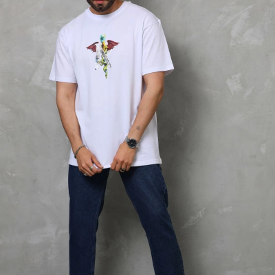 Bisiklet Yaka Baskılı Oversize T-Shirt - Beyaz -