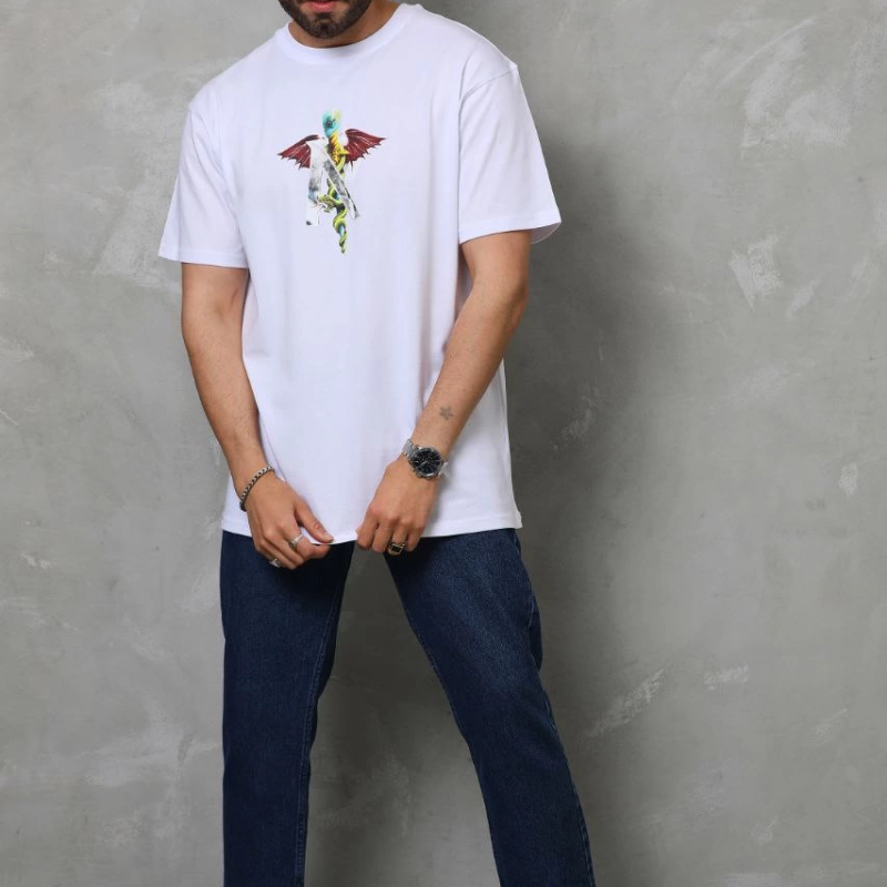 Bisiklet Yaka Baskılı Oversize T-Shirt - Beyaz -
