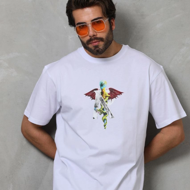 Bisiklet Yaka Baskılı Oversize T-Shirt - Beyaz -