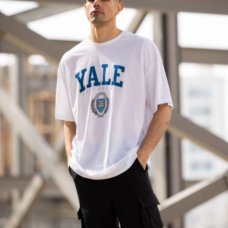 Bisiklet Yaka Baskılı Oversize T-Shirt - Beyaz -