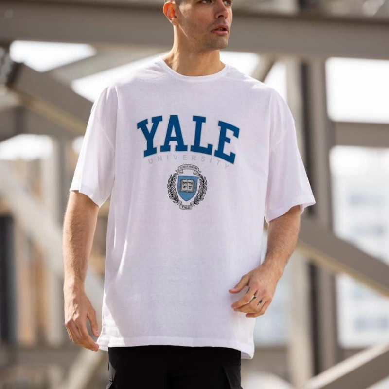 Bisiklet Yaka Baskılı Oversize T-Shirt - Beyaz -