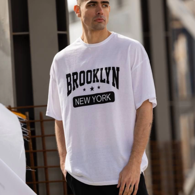 Bisiklet Yaka Baskılı Oversize T-Shirt - Beyaz -