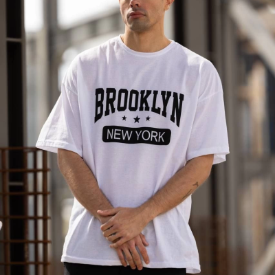 Bisiklet Yaka Baskılı Oversize T-Shirt - Beyaz -