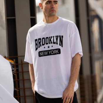 Bisiklet Yaka Baskılı Oversize T-Shirt - Beyaz -