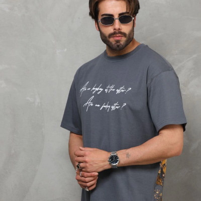 Bisiklet Yaka Baskılı Oversize T-Shirt - Füme