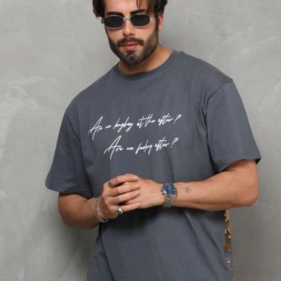 Bisiklet Yaka Baskılı Oversize T-Shirt - Füme