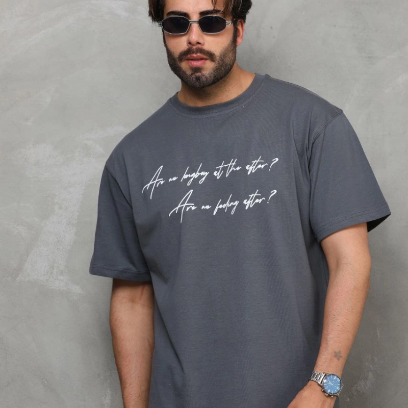 Bisiklet Yaka Baskılı Oversize T-Shirt - Füme