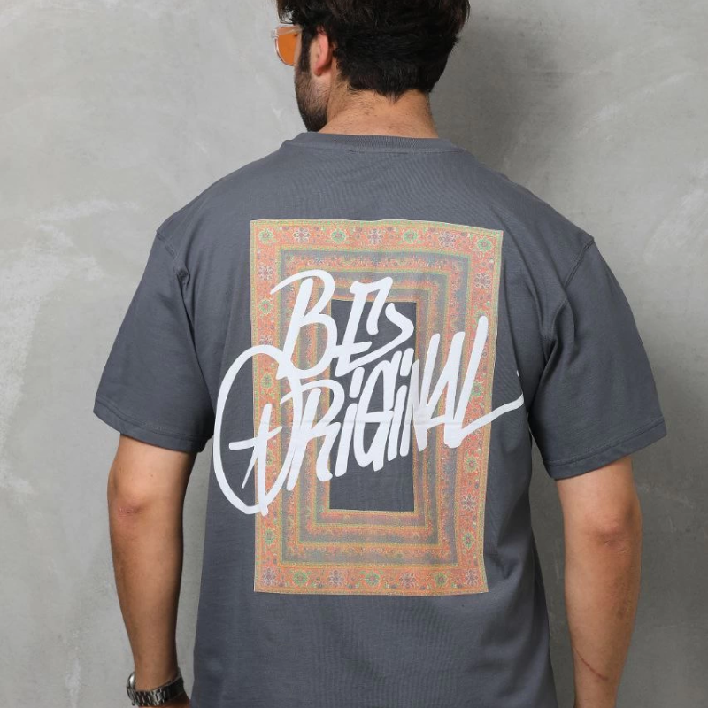 Bisiklet Yaka Baskılı Oversize T-Shirt - Füme -