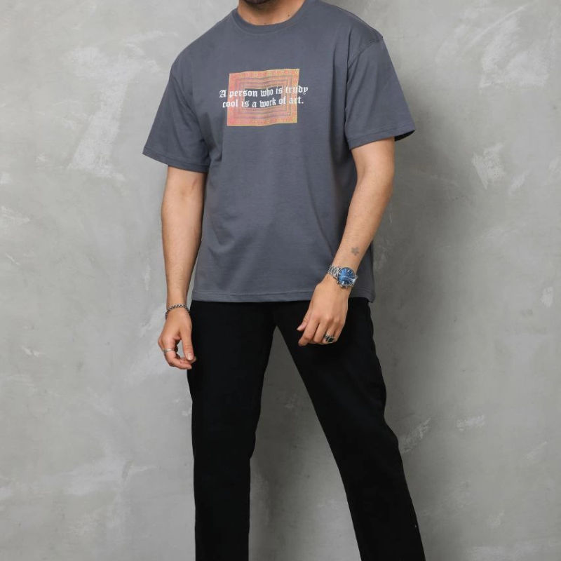 Bisiklet Yaka Baskılı Oversize T-Shirt - Füme -