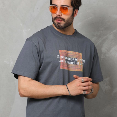 Bisiklet Yaka Baskılı Oversize T-Shirt - Füme -