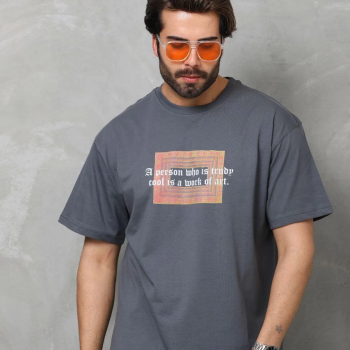 Bisiklet Yaka Baskılı Oversize T-Shirt - Füme -