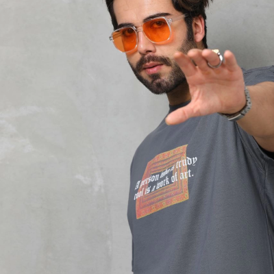 Bisiklet Yaka Baskılı Oversize T-Shirt - Füme -