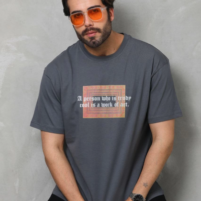 Bisiklet Yaka Baskılı Oversize T-Shirt - Füme -