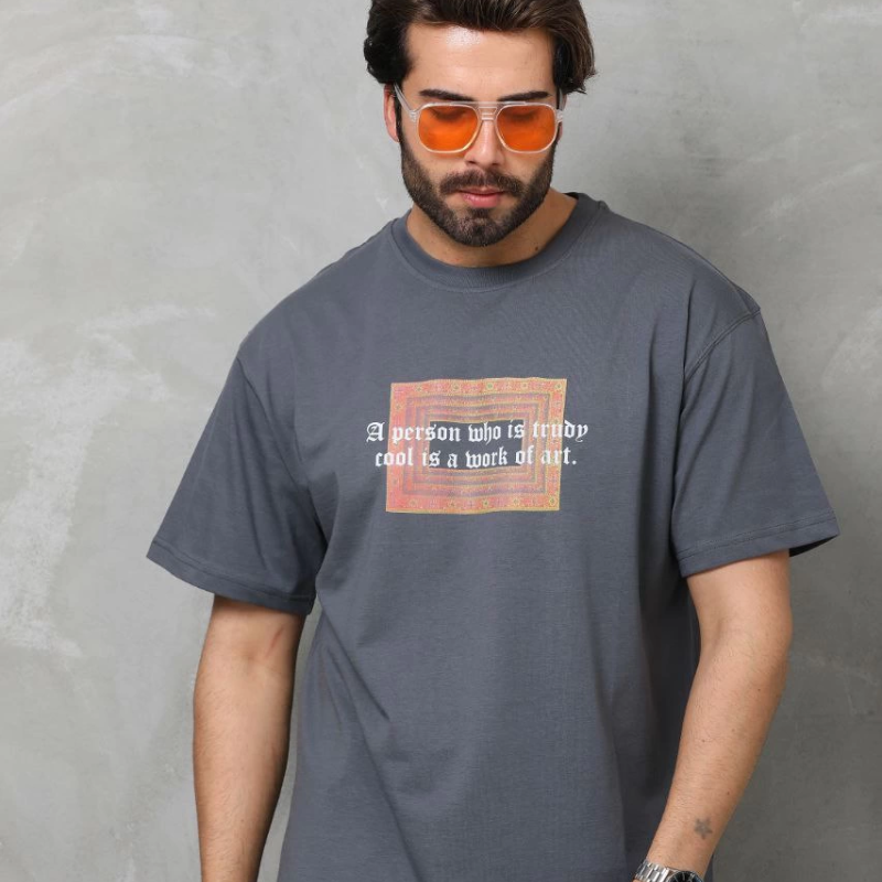 Bisiklet Yaka Baskılı Oversize T-Shirt - Füme -