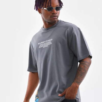 Bisiklet Yaka Baskılı Oversize T-Shirt - Gri -