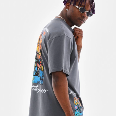 Bisiklet Yaka Baskılı Oversize T-Shirt - Gri -