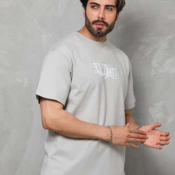 Bisiklet Yaka Baskılı Oversize T-Shirt - Gri -