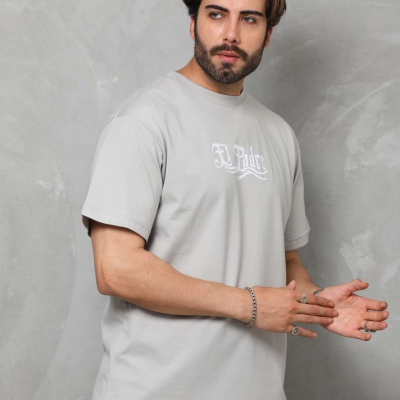 Bisiklet Yaka Baskılı Oversize T-Shirt - Gri -