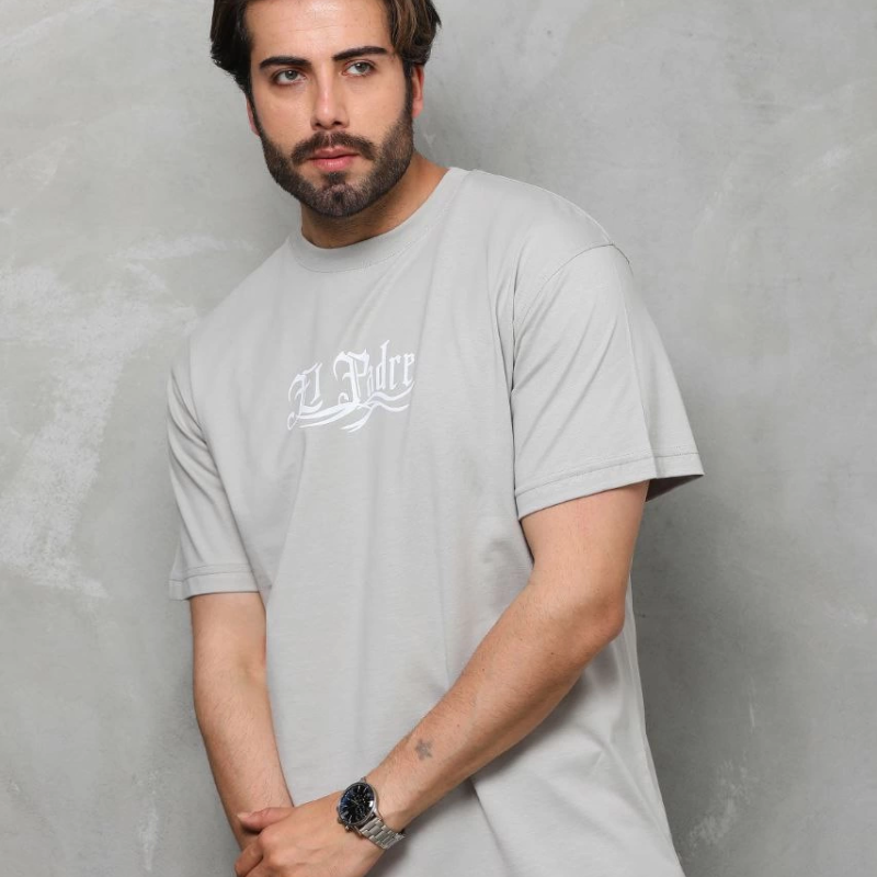 Bisiklet Yaka Baskılı Oversize T-Shirt - Gri -