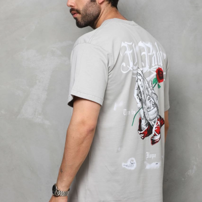 Bisiklet Yaka Baskılı Oversize T-Shirt - Gri -