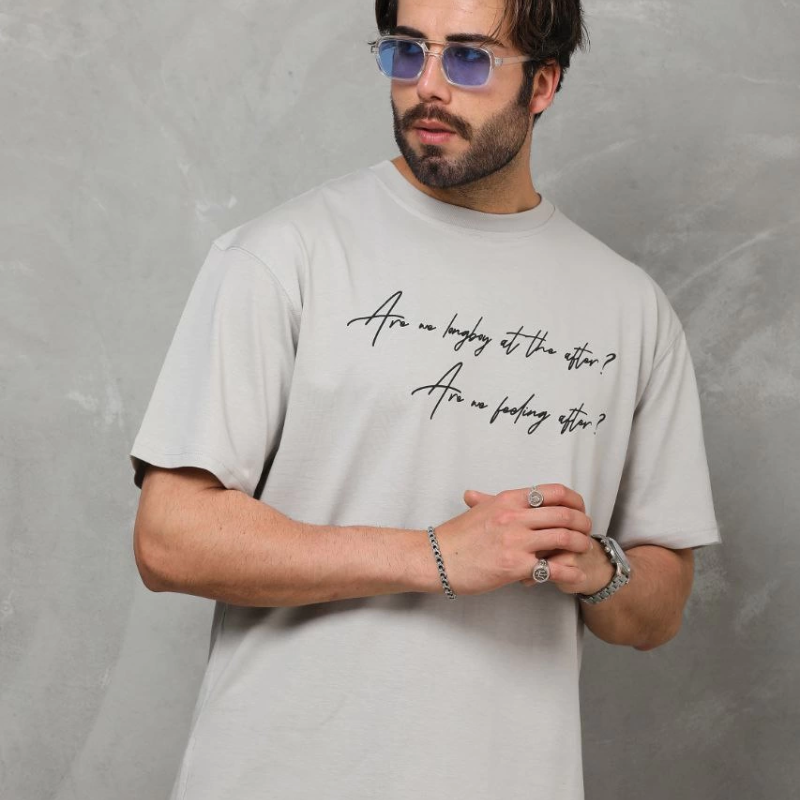 Bisiklet Yaka Baskılı Oversize T-Shirt - Gri