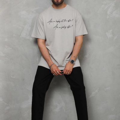 Bisiklet Yaka Baskılı Oversize T-Shirt - Gri