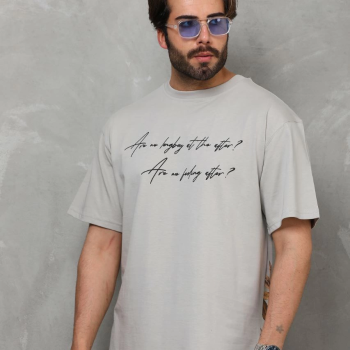 Bisiklet Yaka Baskılı Oversize T-Shirt - Gri