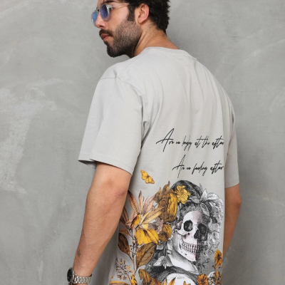 Bisiklet Yaka Baskılı Oversize T-Shirt - Gri