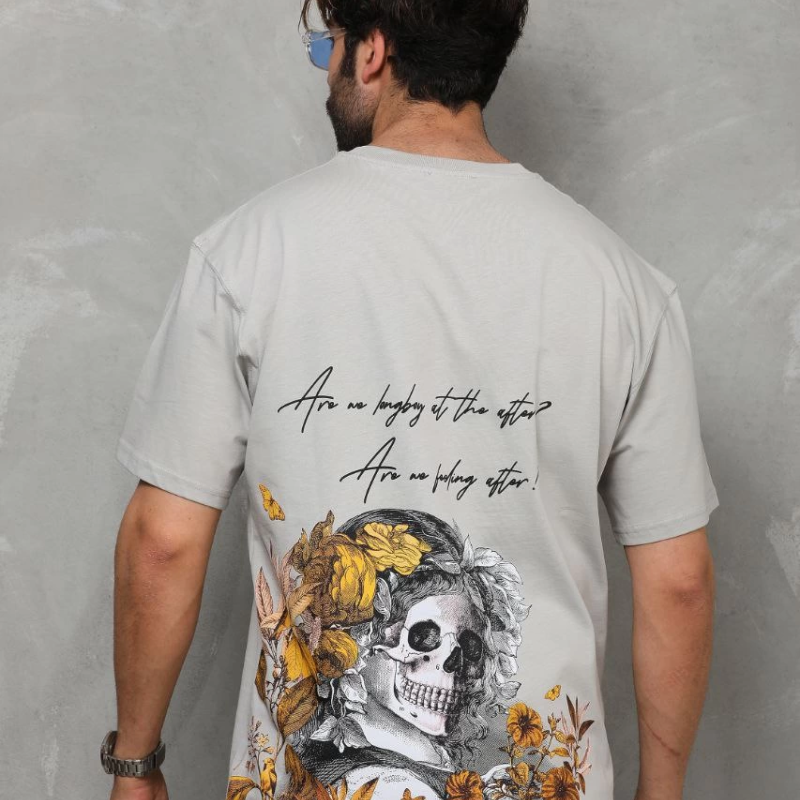 Bisiklet Yaka Baskılı Oversize T-Shirt - Gri