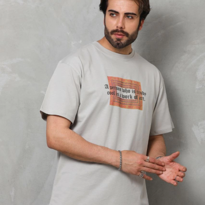 Bisiklet Yaka Baskılı Oversize T-Shirt - Gri -