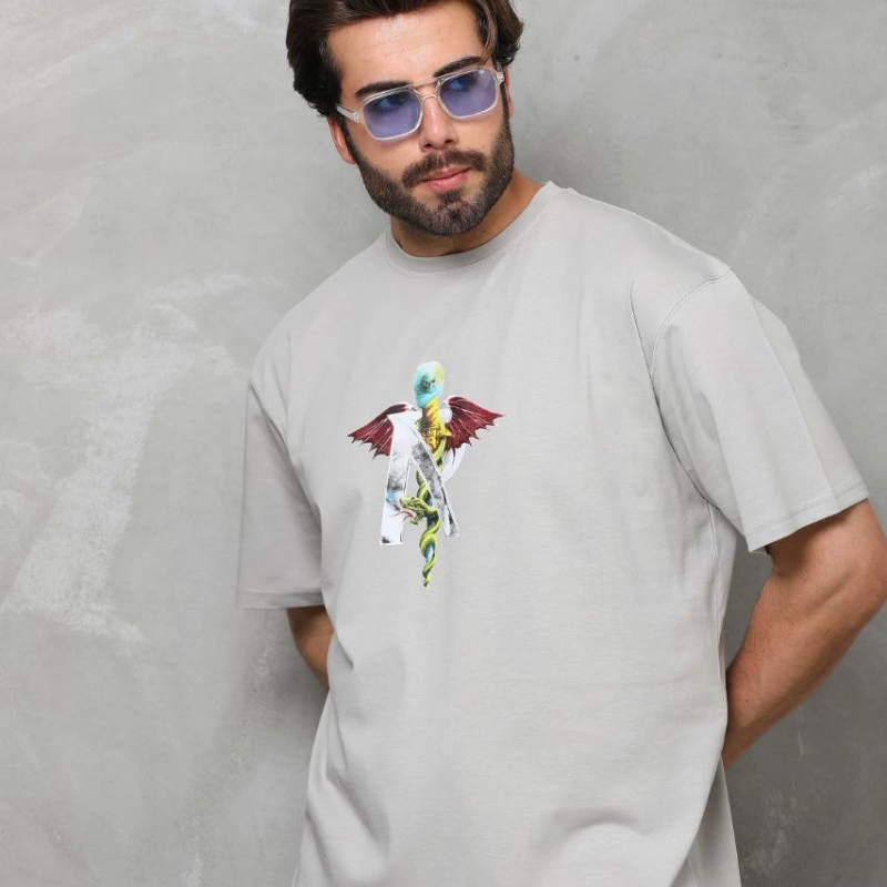 Bisiklet Yaka Baskılı Oversize T-Shirt - Gri -