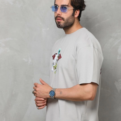 Bisiklet Yaka Baskılı Oversize T-Shirt - Gri -
