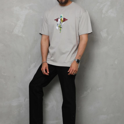 Bisiklet Yaka Baskılı Oversize T-Shirt - Gri -