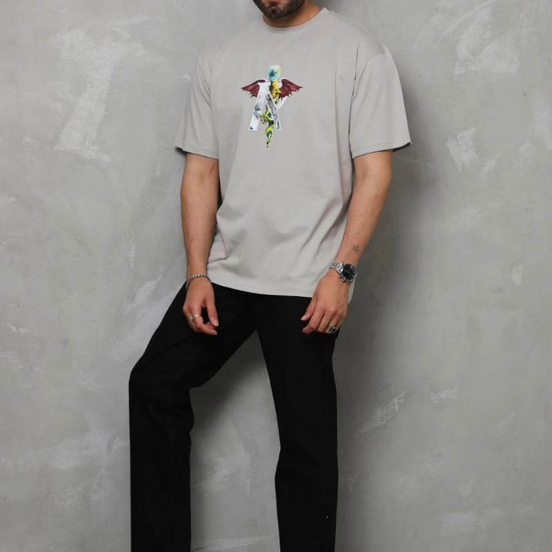 Bisiklet Yaka Baskılı Oversize T-Shirt - Gri -