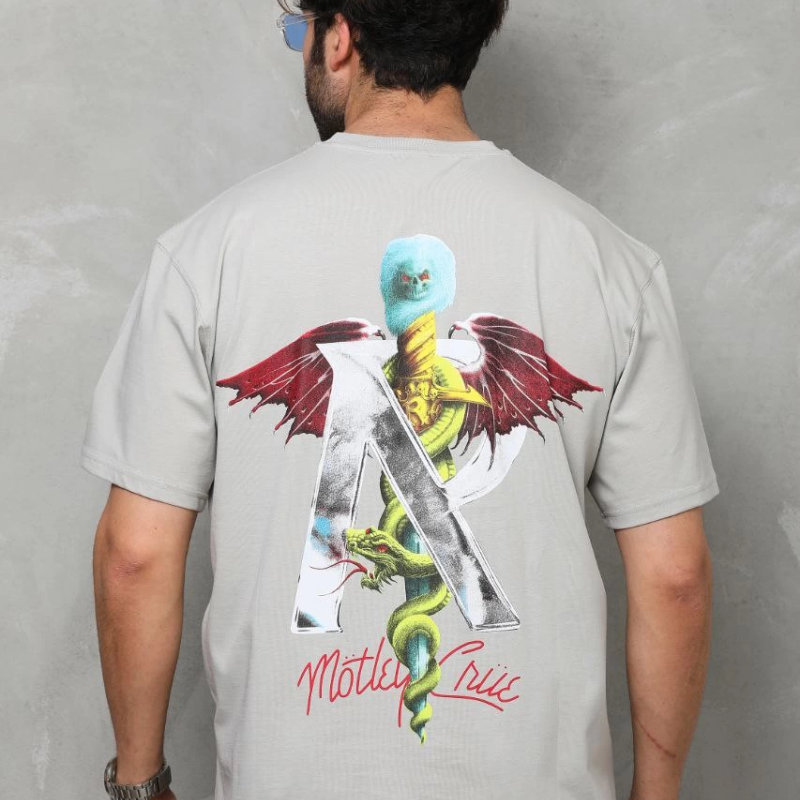 Bisiklet Yaka Baskılı Oversize T-Shirt - Gri -