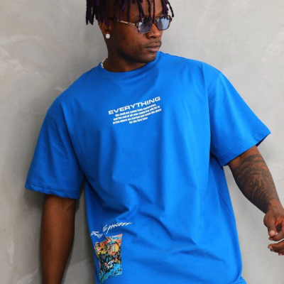 Bisiklet Yaka Baskılı Oversize T-Shirt - Mavi -