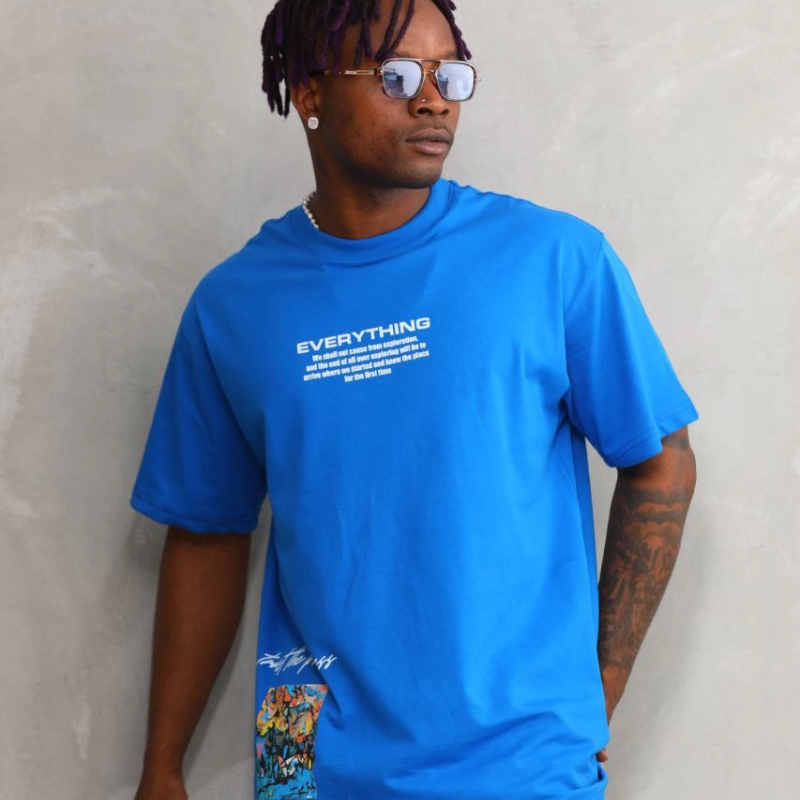 Bisiklet Yaka Baskılı Oversize T-Shirt - Mavi -