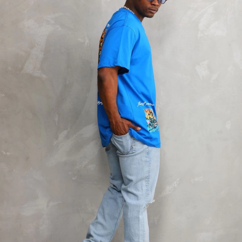 Bisiklet Yaka Baskılı Oversize T-Shirt - Mavi -