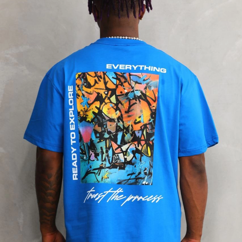 Bisiklet Yaka Baskılı Oversize T-Shirt - Mavi -