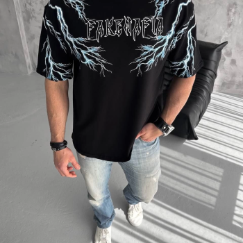 Bisiklet Yaka Baskılı Oversize T-Shirt - Siyah -