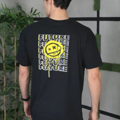 Bisiklet Yaka Baskılı Oversize T-Shirt - Siyah -