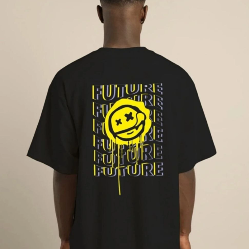 Bisiklet Yaka Baskılı Oversize T-Shirt - Siyah -