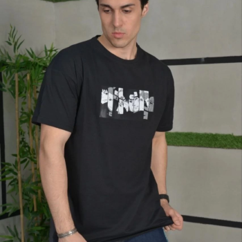 Bisiklet Yaka Baskılı Oversize T-Shirt - Siyah -